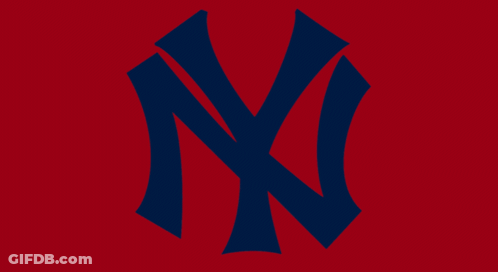 A Logo For The New York Yankees Is Shown In Blue On A White Background GIF