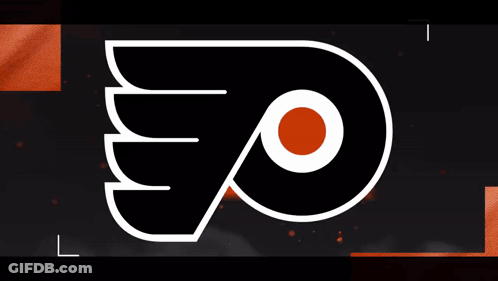 A Logo For The Philadelphia Flyers Is On A Black And Orange Background GIF