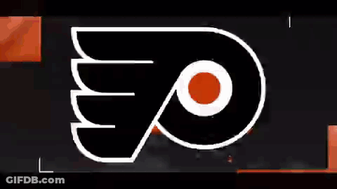 A Logo For The Philadelphia Flyers Is Shown On A Black And Orange Background GIF