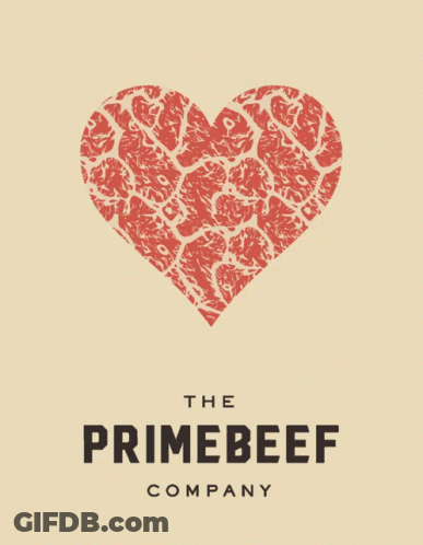 A Logo For The Primebeef Company With A Heart Made Of Steak GIF