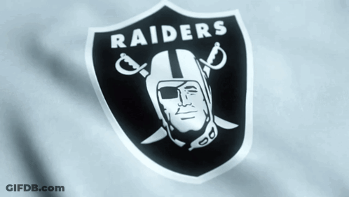 A Logo For The Raiders With A Man Wearing A Helmet And Sword GIF