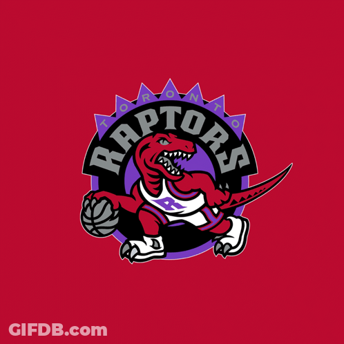 A Logo For The Raptors Basketball Team With A Red Dinosaur Holding A Basketball GIF