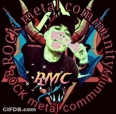 A Logo For The Rmc Metal Community With A Man Smoking A Cigarette GIF