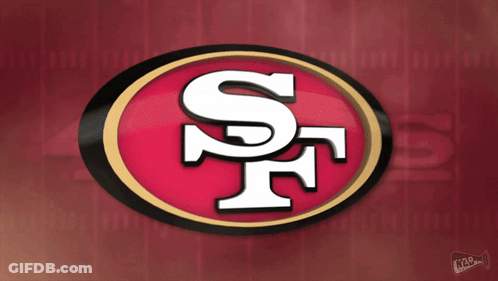 A Logo For The San Francisco 49Ers Is Shown On A Red Background GIF