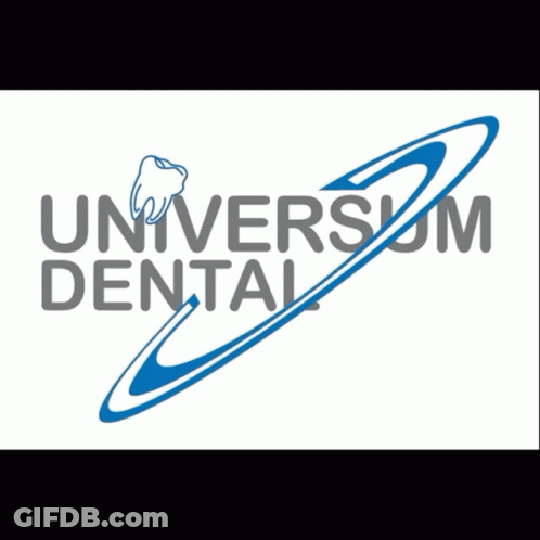 A Logo For Universal Dental With A Tooth And A Blue Circle GIF
