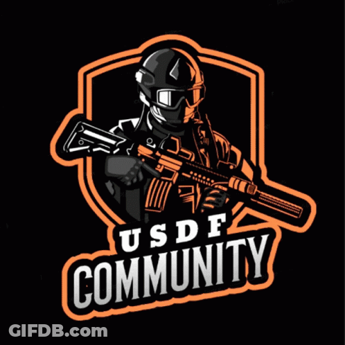 A Logo For Usdf Community Shows A Man Holding A Gun GIF