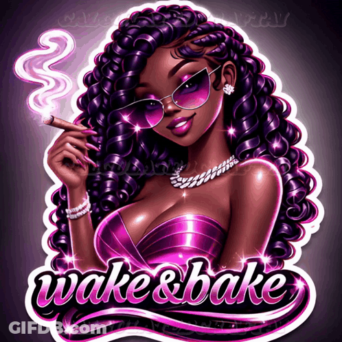 A Logo For Wake & Bake With A Woman Smoking A Cigarette GIF