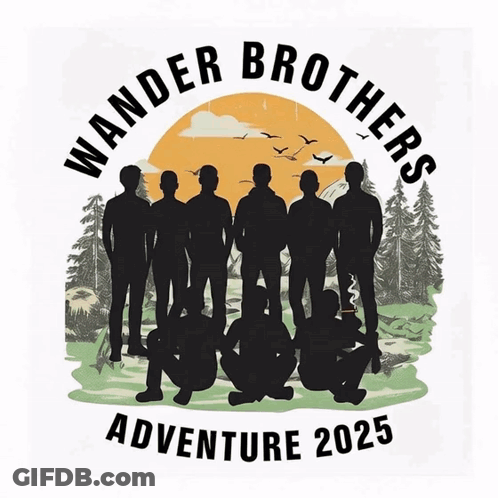 A Logo For Wander Brothers Adventure 2025 With A Group Of Men GIF