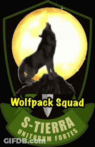 A Logo For Wolfpack Squad With A Wolf Howling In Front Of A Full Moon GIF