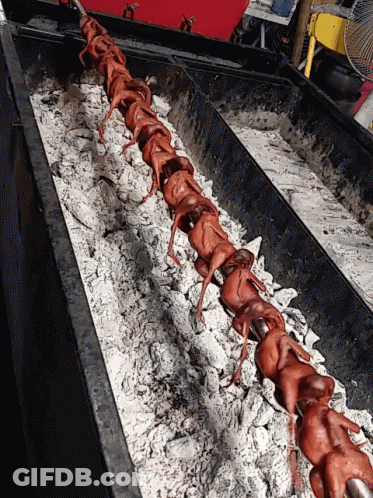 A Long Row Of Chickens Are Cooking On A Grill GIF