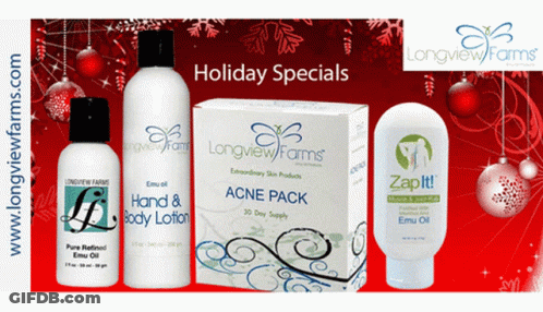 A Longview Farms Advertisement Shows A Hand And Body Lotion And An Acne Pack GIF