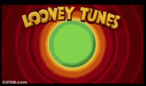 A Looney Tunes Logo With A Green Circle In The Middle On A Red Background GIF