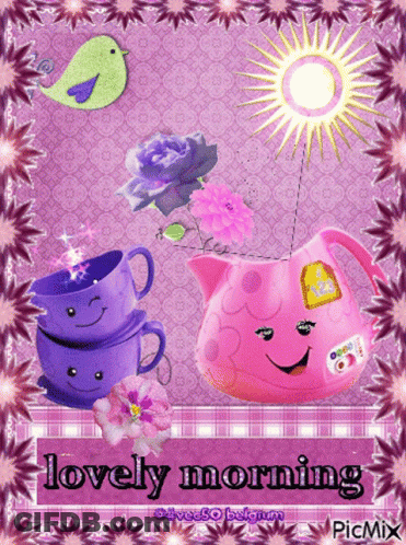A Lovely Morning Greeting Card With Purple Cups And A Pink Teapot GIF