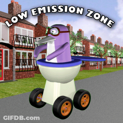 A Low Emission Zone Sign With A Penguin In A Toilet Bowl GIF
