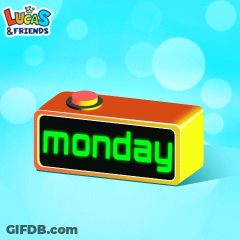 A Lucas And Friends Advertisement With A Button That Says Monday On It GIF