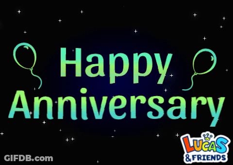 A Lucas And Friends Anniversary Greeting Card With Balloons GIF