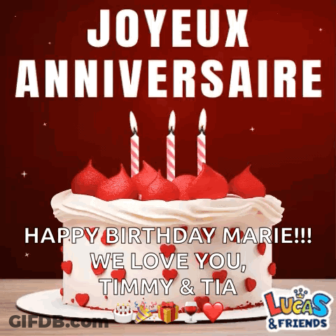 A Lucas And Friends Birthday Card With A Cake And Candles GIF