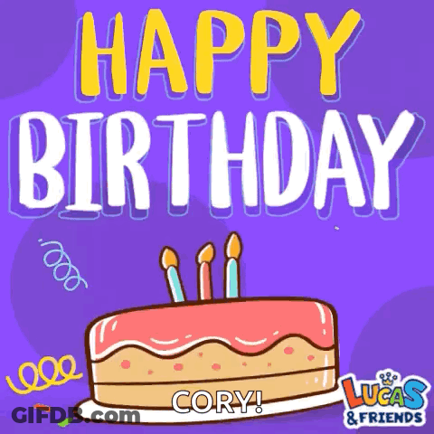 A Lucas And Friends Birthday Card With A Cake GIF