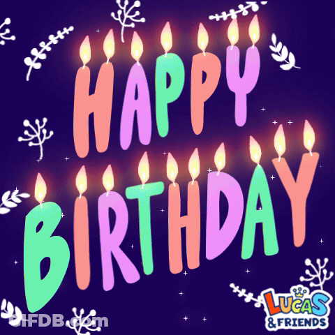 A Lucas And Friends Birthday Card With Candles On It GIF