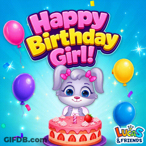 A Lucas And Friends Birthday Greeting Card With A Rabbit On A Cake GIF