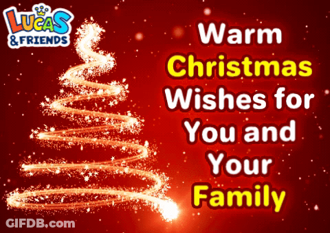 A Lucas And Friends Christmas Card With A Christmas Tree On It GIF