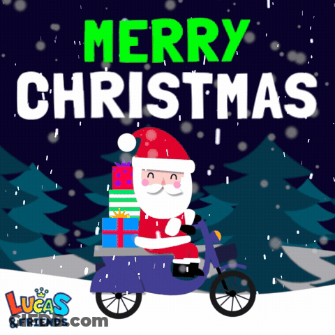 A Lucas And Friends Christmas Card With Santa On A Bike GIF