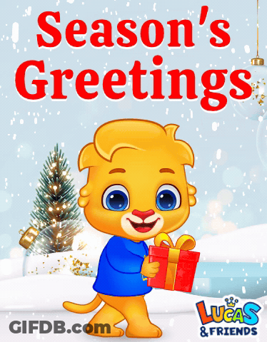 A Lucas And Friends Greeting Card With A Cartoon Character Holding A Gift Box GIF