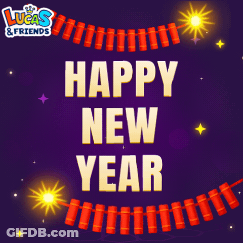 A Lucas And Friends Greeting Card With Fireworks And The Words Happy New Year GIF