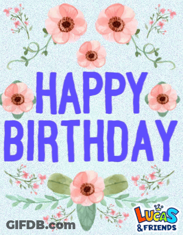 A Lucas And Friends Greeting Card With Pink Flowers GIF