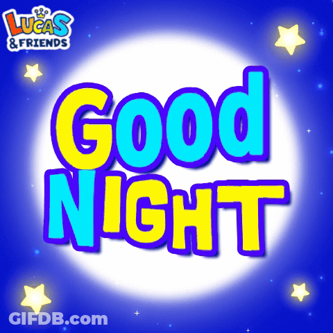 A Lucas And Friends Logo That Says Good Night On A Blue Background GIF