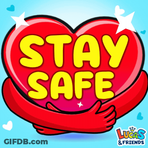 A Lucas And Friends Logo With A Red Heart And The Words Stay Safe GIF