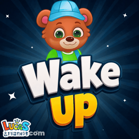 A Lucas And Friends Logo With A Teddy Bear And The Word Wake Up GIF