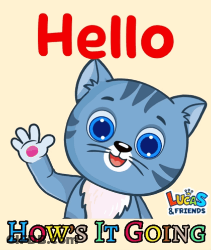 A Lucas And Friends Poster With A Blue Cat Waving GIF