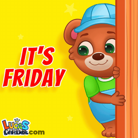 A Lucas And Friends Poster With A Teddy Bear Peeking Out From Behind A Door GIF