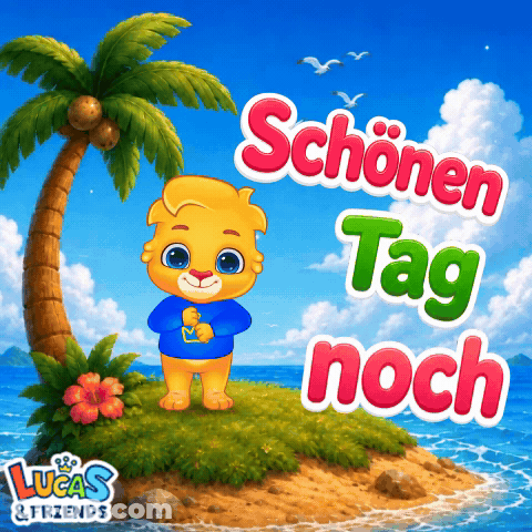 A Lucas And Friends Poster With A Teddy Bear Standing On A Small Island GIF