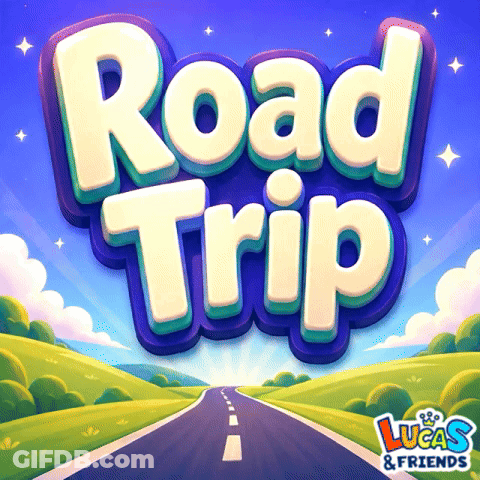 A Lucas And Friends Road Trip Logo With A Road GIF