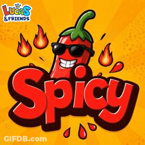 A Lucas And Friends Spicy Logo With A Red Pepper Wearing Sunglasses GIF