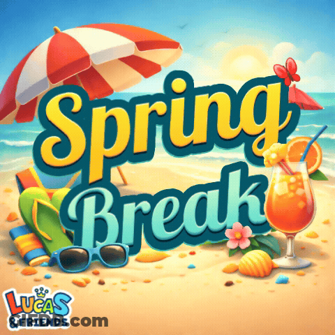 A Lucas And Friends Spring Break Advertisement With A Beach Scene GIF