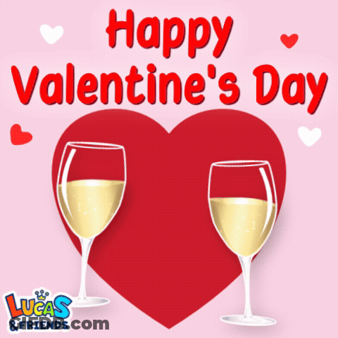 A Lucas And Friends Valentine 'S Day Card With Two Wine Glasses In Front Of A Heart GIF