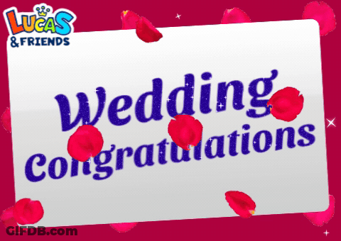 A Lucas And Friends Wedding Congratulations Card With Red Rose Petals GIF