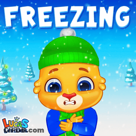A Lucas & Friends Advertisement With A Cartoon Character Wearing A Green Hat And Scarf GIF