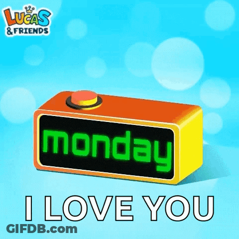 A Lucas & Friends Advertisement With A Clock That Says Monday On It GIF