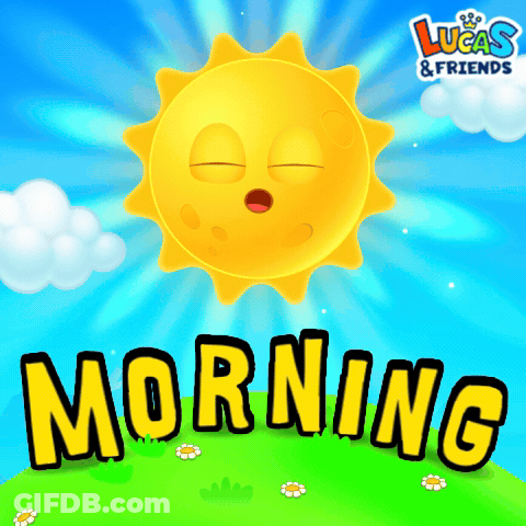 A Lucas & Friends Advertisement With A Sun And The Word Morning GIF