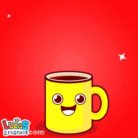 A Lucas & Friends Advertisement With A Yellow Cup Of Coffee GIF