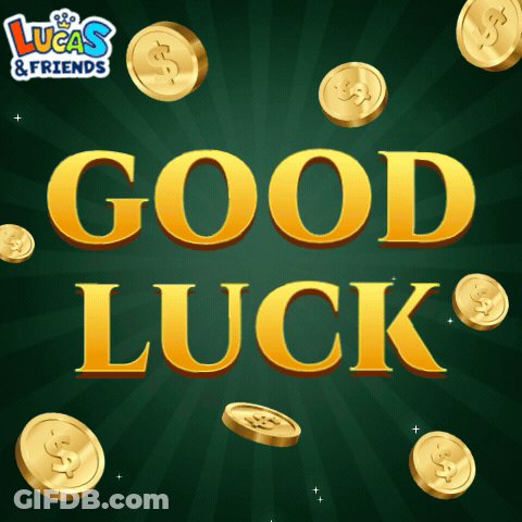 A Lucas & Friends Advertisement With Gold Coins And The Words Good Luck GIF