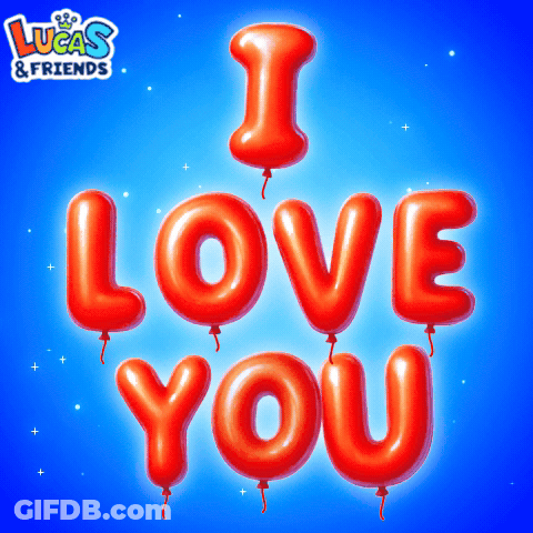 A Lucas & Friends Advertisement With Red Balloons Spelling Out I Love You GIF