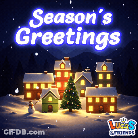 A Lucas & Friends Christmas Greeting Card With A Snowy Village GIF