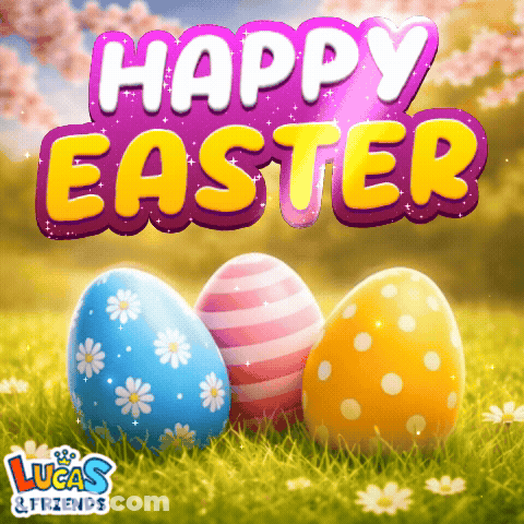 A Lucas & Friends Easter Card With Three Eggs GIF