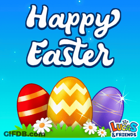 A Lucas & Friends Easter Greeting Card With Three Eggs GIF