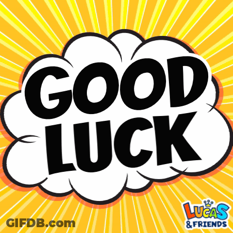 A Lucas & Friends Greeting Card With A Comic Speech Bubble Saying Good Luck GIF